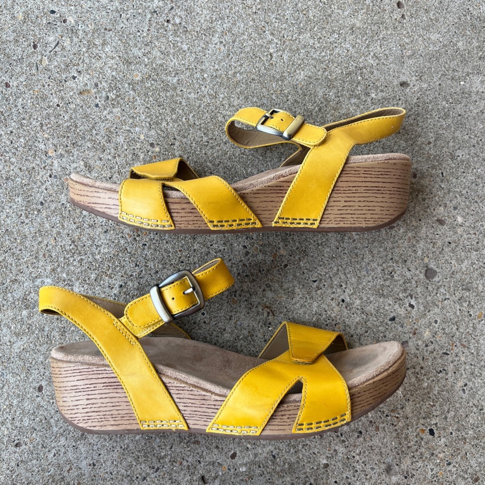 Dansko Tasha Yellow Leather Wedge Sandals Women 41 Comfort Platform Buckle Strap - Picture 2 of 10
